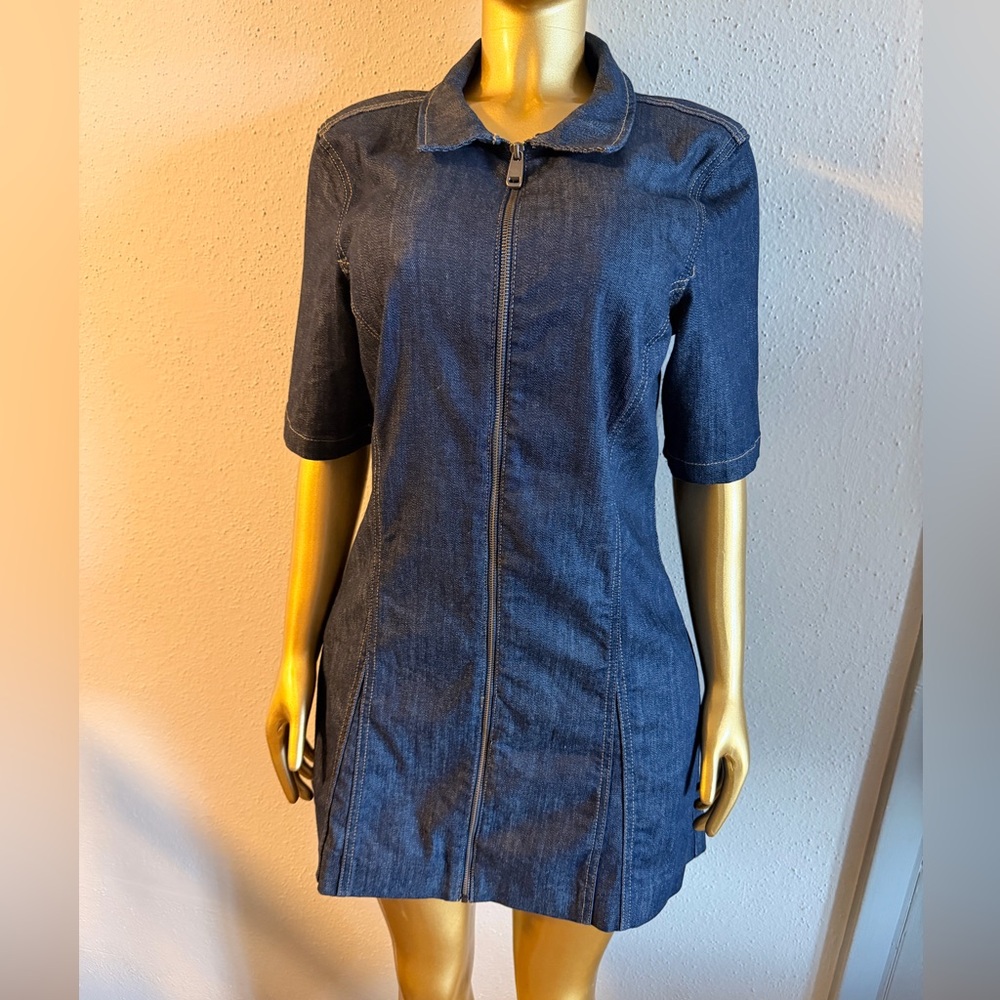 Denim Zip-Front Dress - Dark Blue